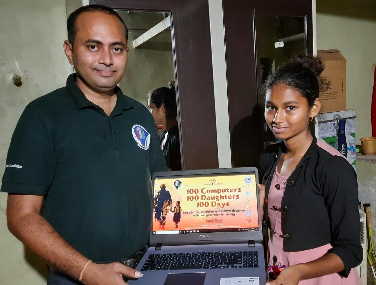 Day 2 of the ??00 Computers 100 Daughters 100 Days??initiative?? Maharashtra tour by Atharva Foundation?? team members.  Laptops were given to Miss. Supriya Subhash Karade daughter of  Hav.Late Subhash Lalasaheb Karade, At- Karadwadi, Post- Andhori Teh ??