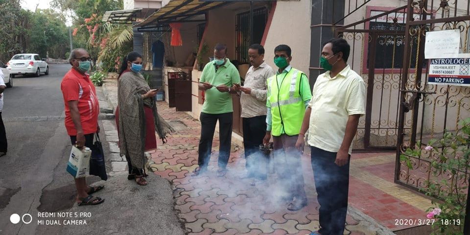 As per instructions given, Charkop Sector 8 was disinfected with the help of a mosquito repellent smoke machine. Safety measures were taken during the process, to ensure citizen safety.